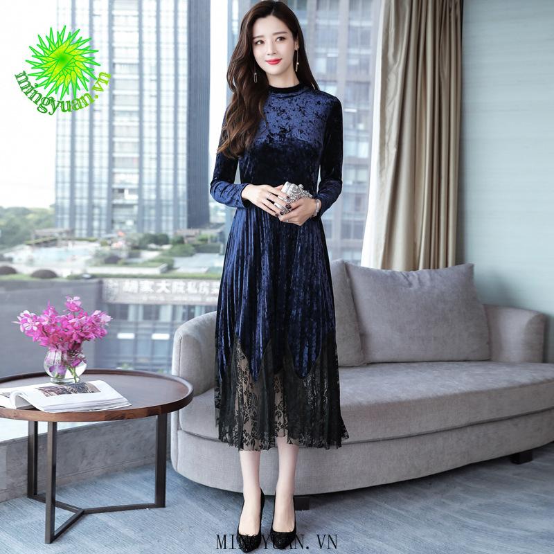 Đầm Nhung Phối Ren Dài Tay Phong Cách Thanh Lịch Dành Cho Nữ