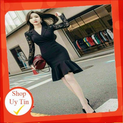 ĐẦM ÔM ĐUÔI CÁ CỔ VEST PHỐI REN MI