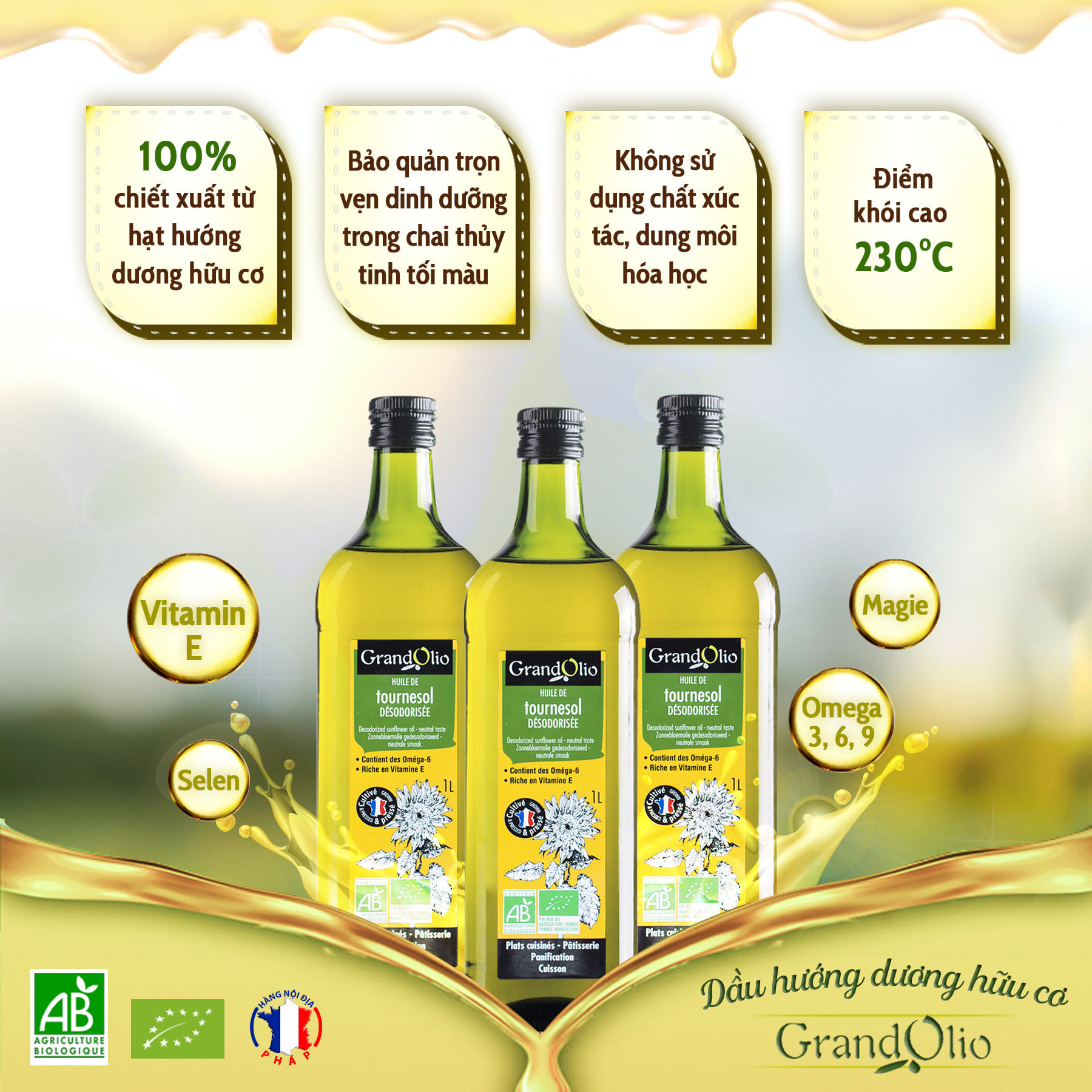 Dầu ăn hướng dương hữu cơ Grand Olio Sunflower Oil 1L