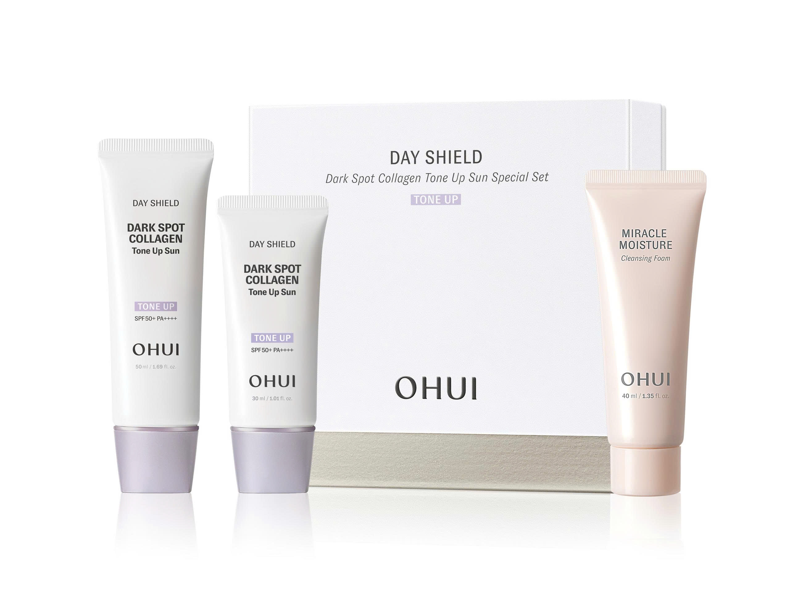 Kem chống nắng nâng tông, bổ sung collagen và cải thiện đốm nâu OHUI DS Dark Spot Collagen Tone-up Sun SPF50+/PA++++ set