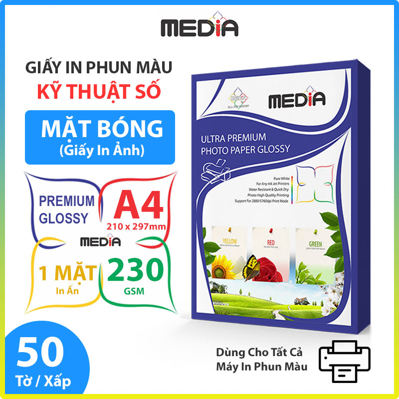 Giấy In Ảnh Media 1 Mặt Bóng A4 230gsm 50 tờ, Giấy In Màu Giấy In Phun Màu Tài Liệu - Hàng Chính Hãng