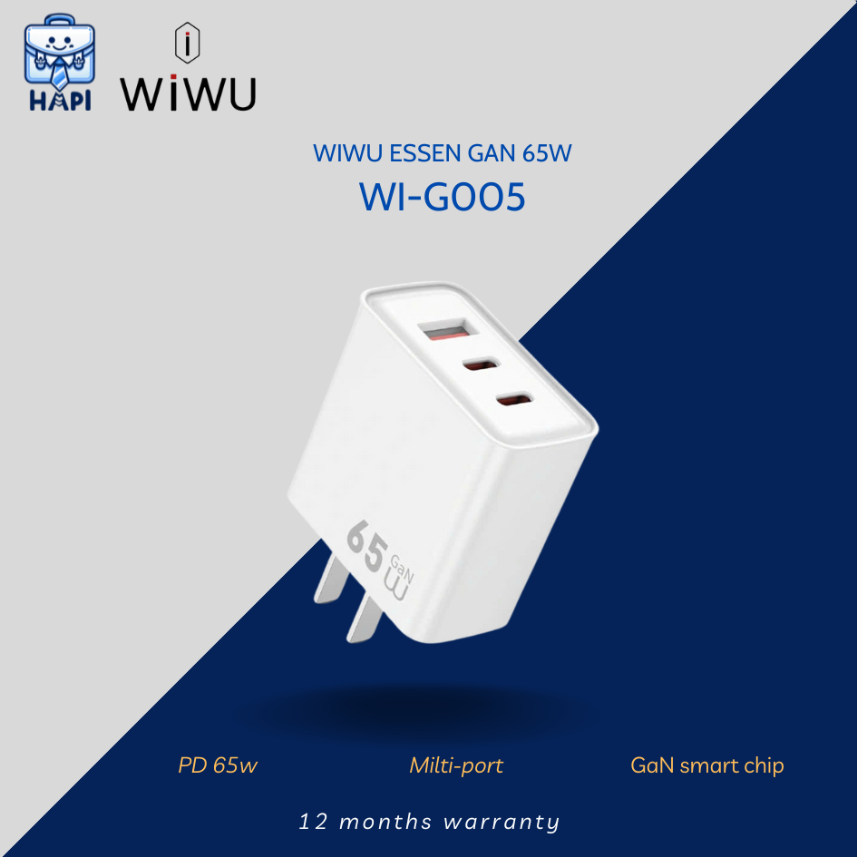 Củ sạc GaN hàng chính hãng WiWU Essen 65W Wi-G005: 2 Type-C, 1 USB-A, chân dẹt US, sạc nhanh đa thiết bị