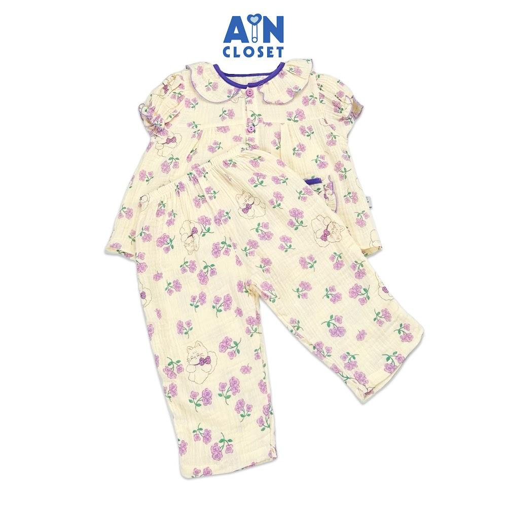 Bộ quần áo dài tay ngắn bé gái họa tiết Mèo Hoa Tím xô muslin - AICDBG0MRENZ - AIN Closet