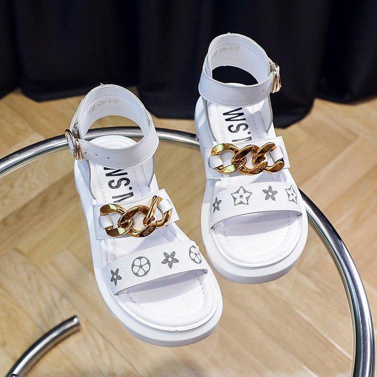 Fashionable Round Head Double Belt Chain Decoration One Line Buckle Middle Heel Sandal for Women
