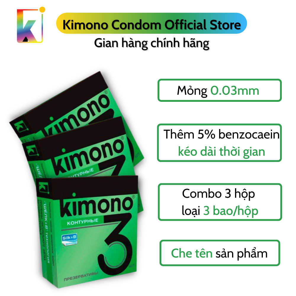 Combo 3 hộp Bao cao su Kimono Green Siêu mỏng 0.03mm - Kéo dài thời gian - Loại 3 bao/hộp