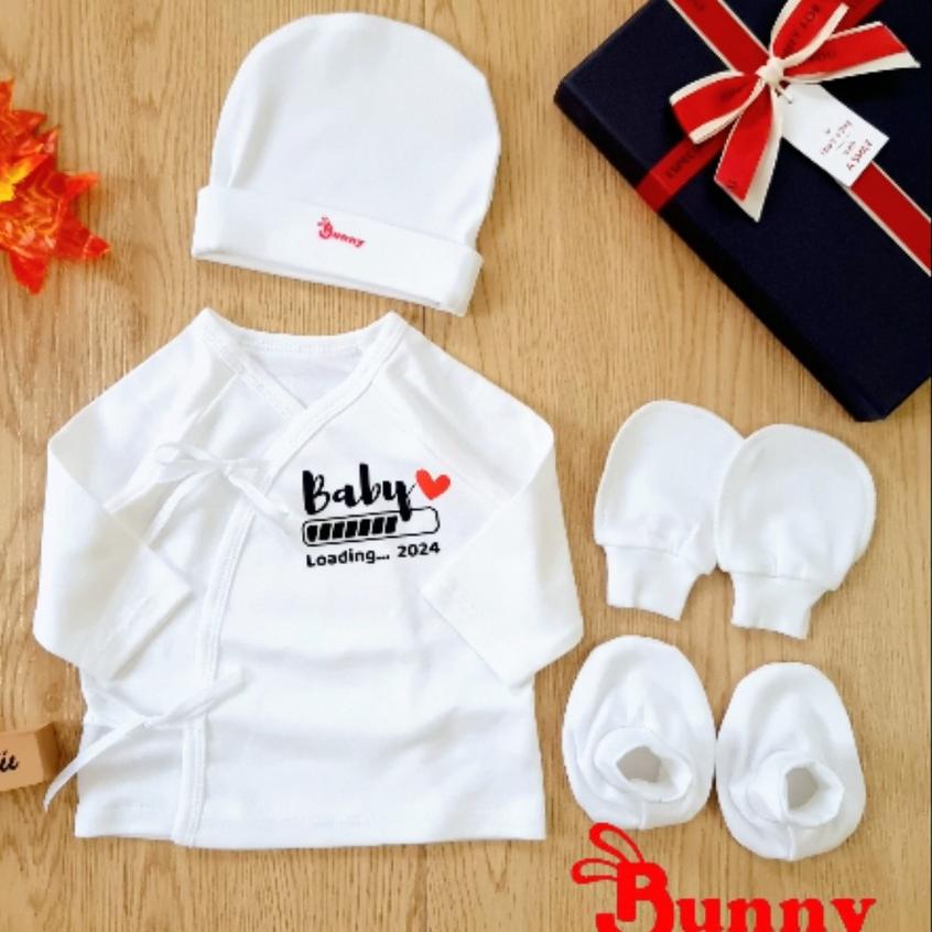 [Dưới 6kg] Set Áo Cột Dây Kèm Nón, Bao Tay Bao Chân Sơ Sinh Cho Bé - BunnyBaby