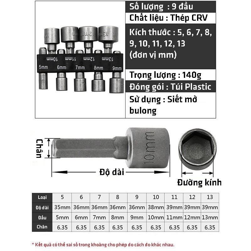 Bộ 9 Khẩu Tuýp Vặn Ốc Lục Giác Gắn Máy Khoan 9 Đầu Vít Bắn Tôn