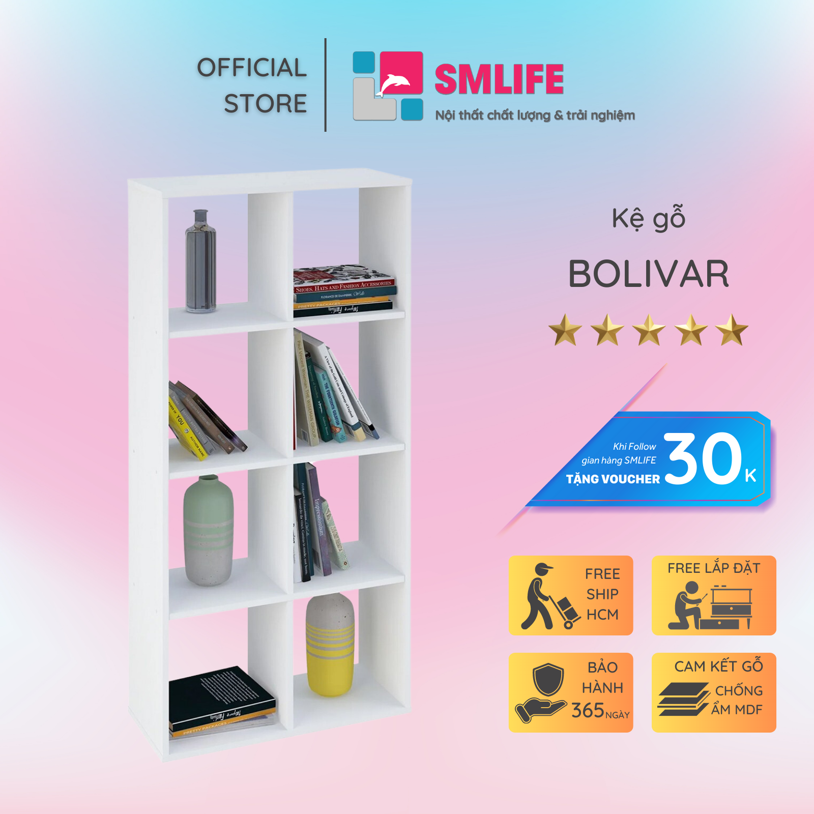 Kệ sách gỗ công nghiệp kiểu nhỏ gọn SMLIFE Bolivar