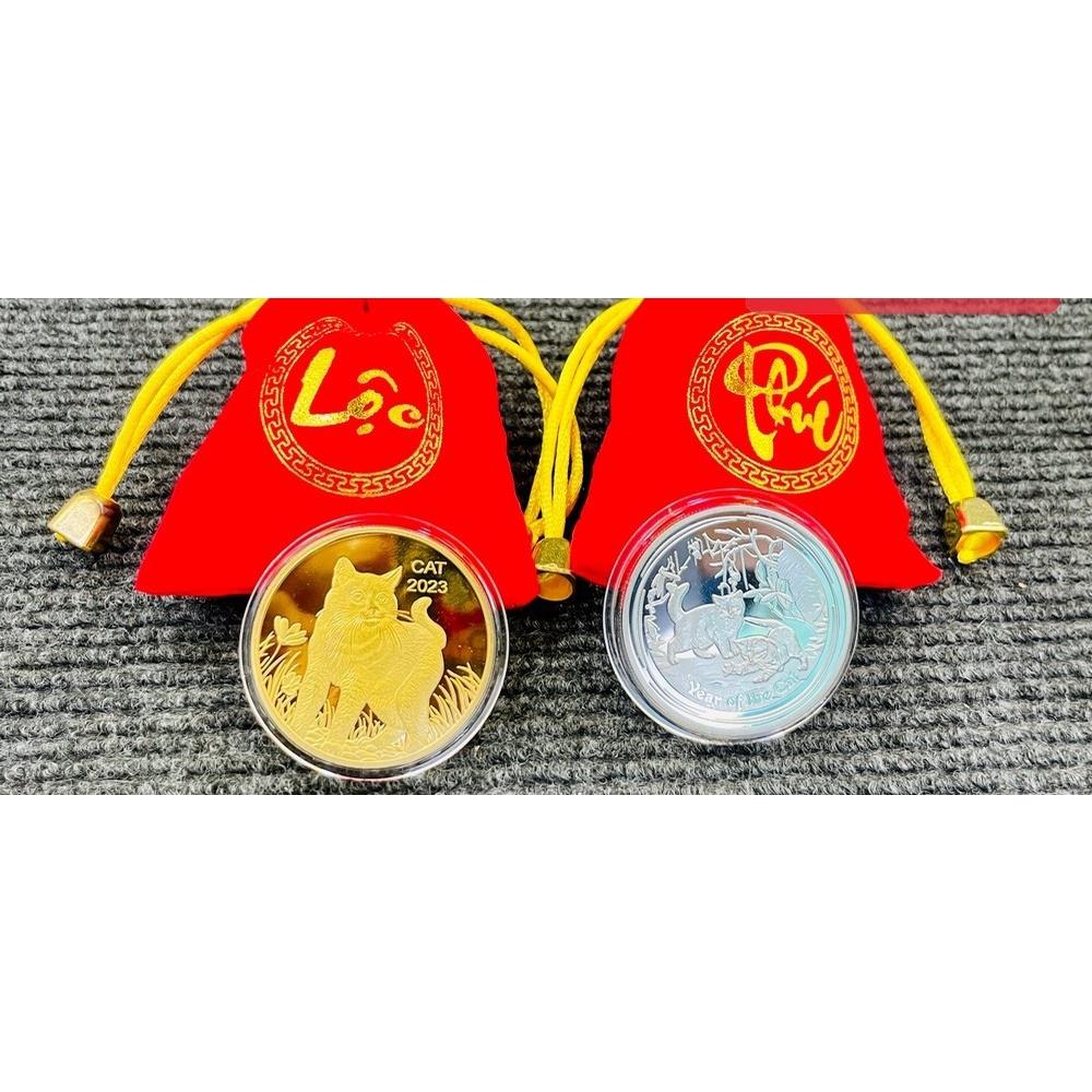 Đồng Xu Hình Con Mèo Úc Quà Tặng Tết 2023 - túi gấm đỏ tặng kèm sang trọng