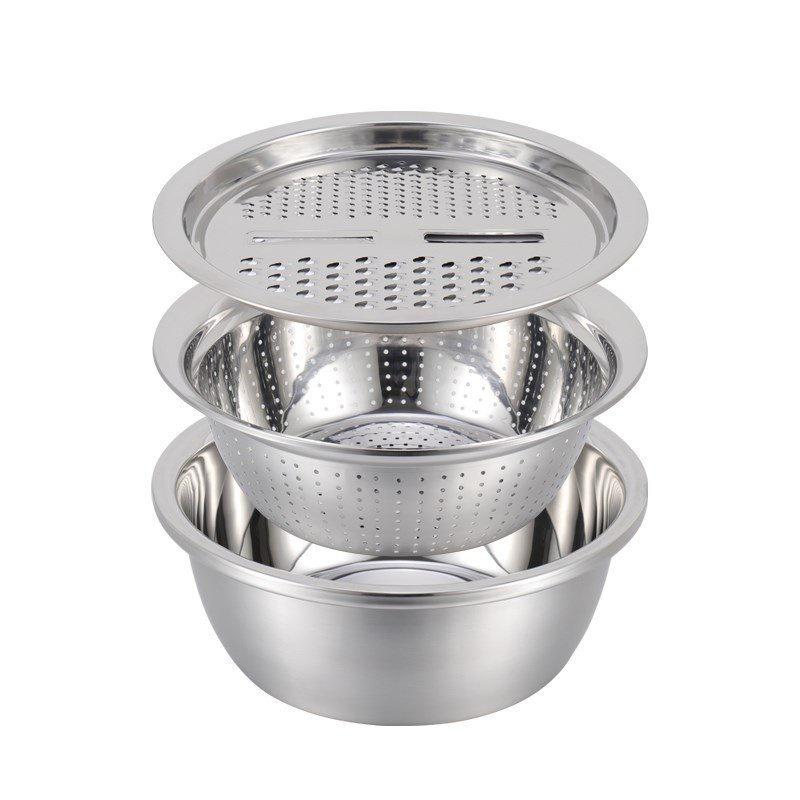 Bộ Thau, Rổ, Nạo Bào Cắt Rau Củ 3 Món Inox Tiện Lợi