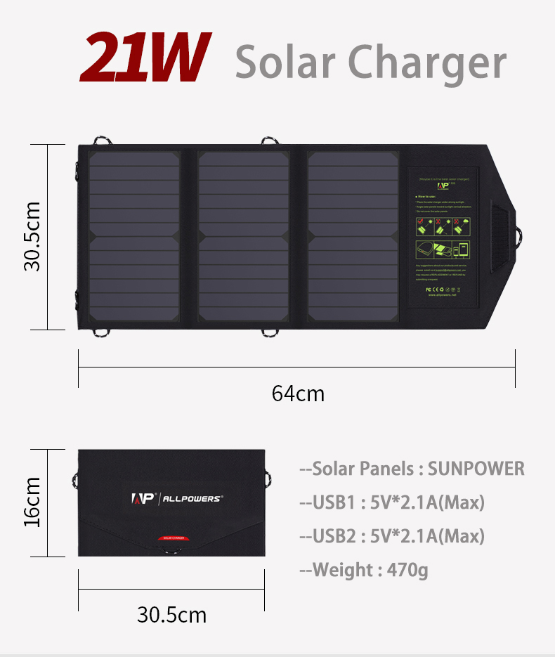 Tấm Pin năng lượng mặt trời gấp gọn ALLPOWERS 5V/21W Tấm pin mặt trời gập gọn Cắm trại Leo núi Du lịch Đạp xe