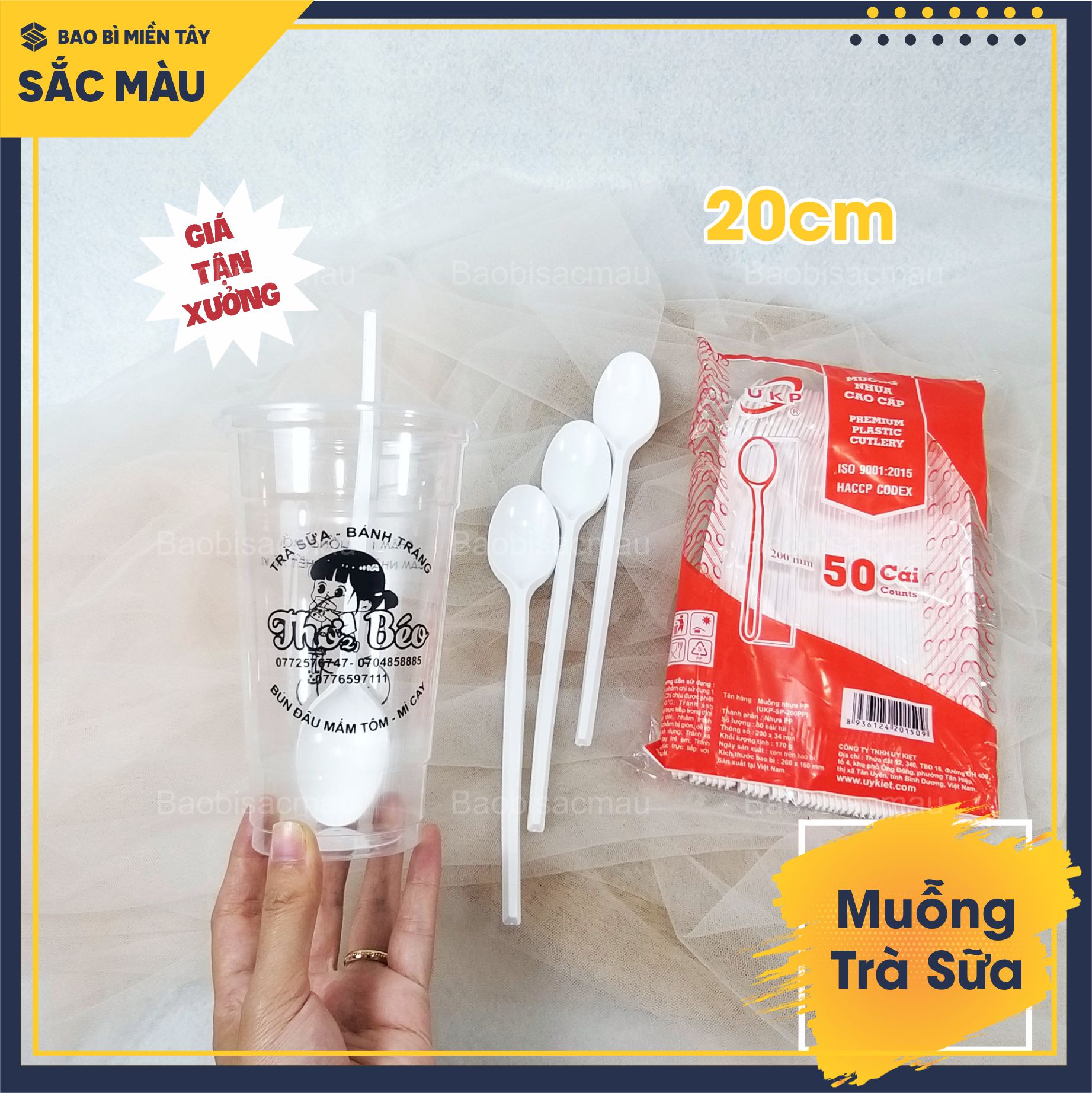 Sỉ 100 muỗng nhựa dài 20cm dành cho quán trà sữa, sinh tố