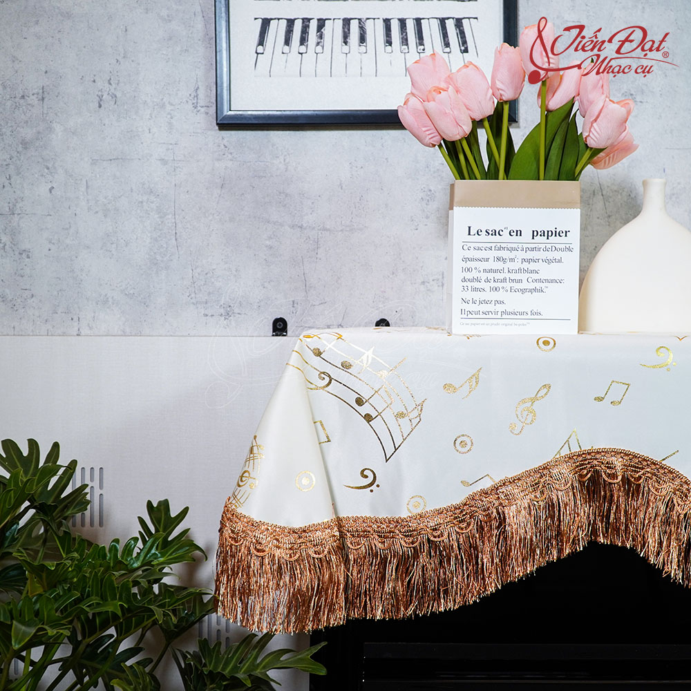 Khăn Phủ Đàn Piano Nền Trắng, Họa Tiết Nốt Nhạc KU-027