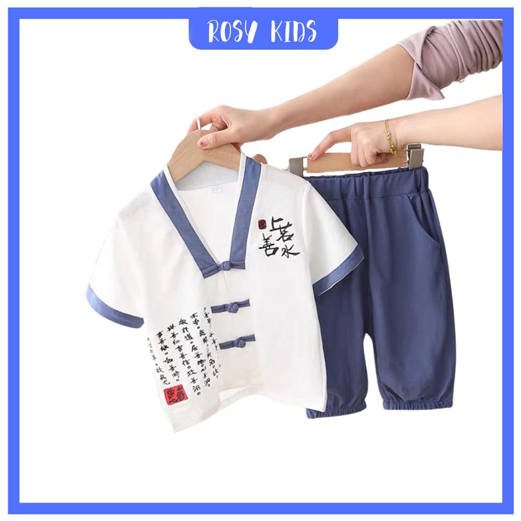 Bộ Cộc Tay Cổ Tàu Phong Cách Cho Bé, Bộ Cộc Tay Chất Cotton Đũi Cho Bé Từ 7 - 27kg - Rosy Kids