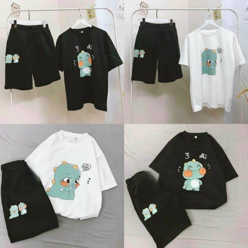 Set bộ đồ khủng long dễ thương,Đồ bộ thun tay lỡ +quần đũi mặc nhà unisex nam nữ,chất thun lạnh cực mát thời trang teen