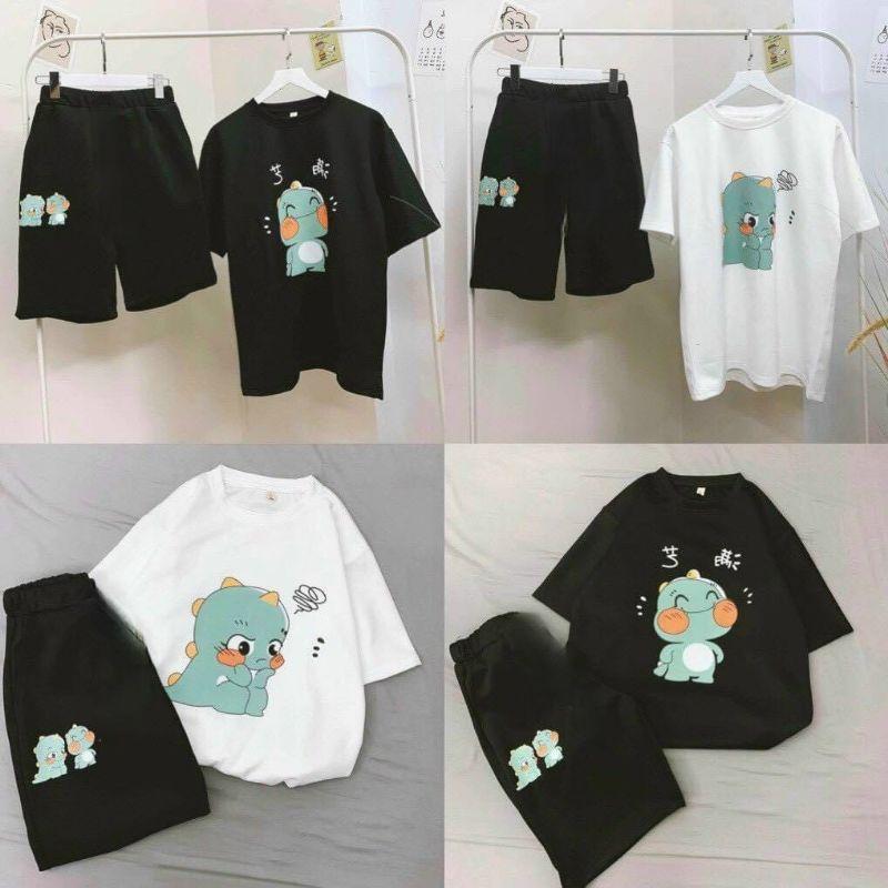 set bộ đồ khủng long dễ thương,Đồ bộ thun tay lỡ +quần đũi mặc nhà unisex nam nữ,chất thun lạnh cực mát thời trang teen