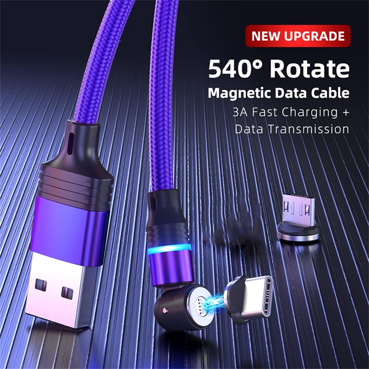 Cáp sạc từ 3a/điện tích nhanh/Đồng bộ hóa dữ liệu Cáp USB từ tính 360 ° + 180 ° Xoay 3 trong 1 Cáp cho tất cả điện thoại Android/Micro USB/Loại C/USB C Điện thoại thông minh