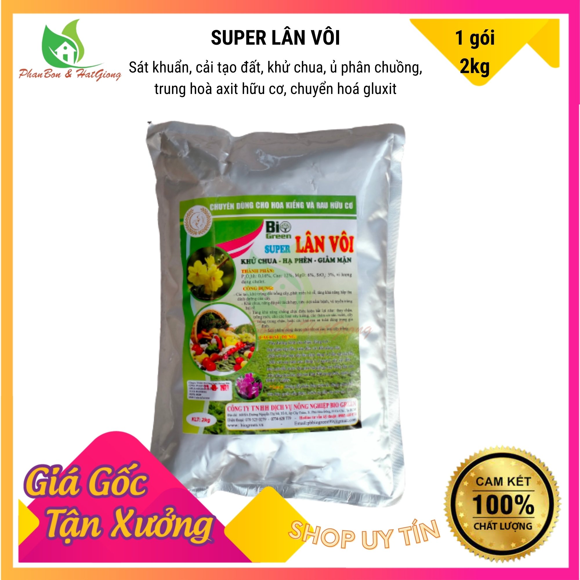 Vôi Bột, Super Lân Vôi, Tinh Vôi BIO GREEN 2Kg khử trùng đất, trộn giá thể, khử chua, hạ phèn, giảm mặn - Shop Phân Bón và Hạt Giống