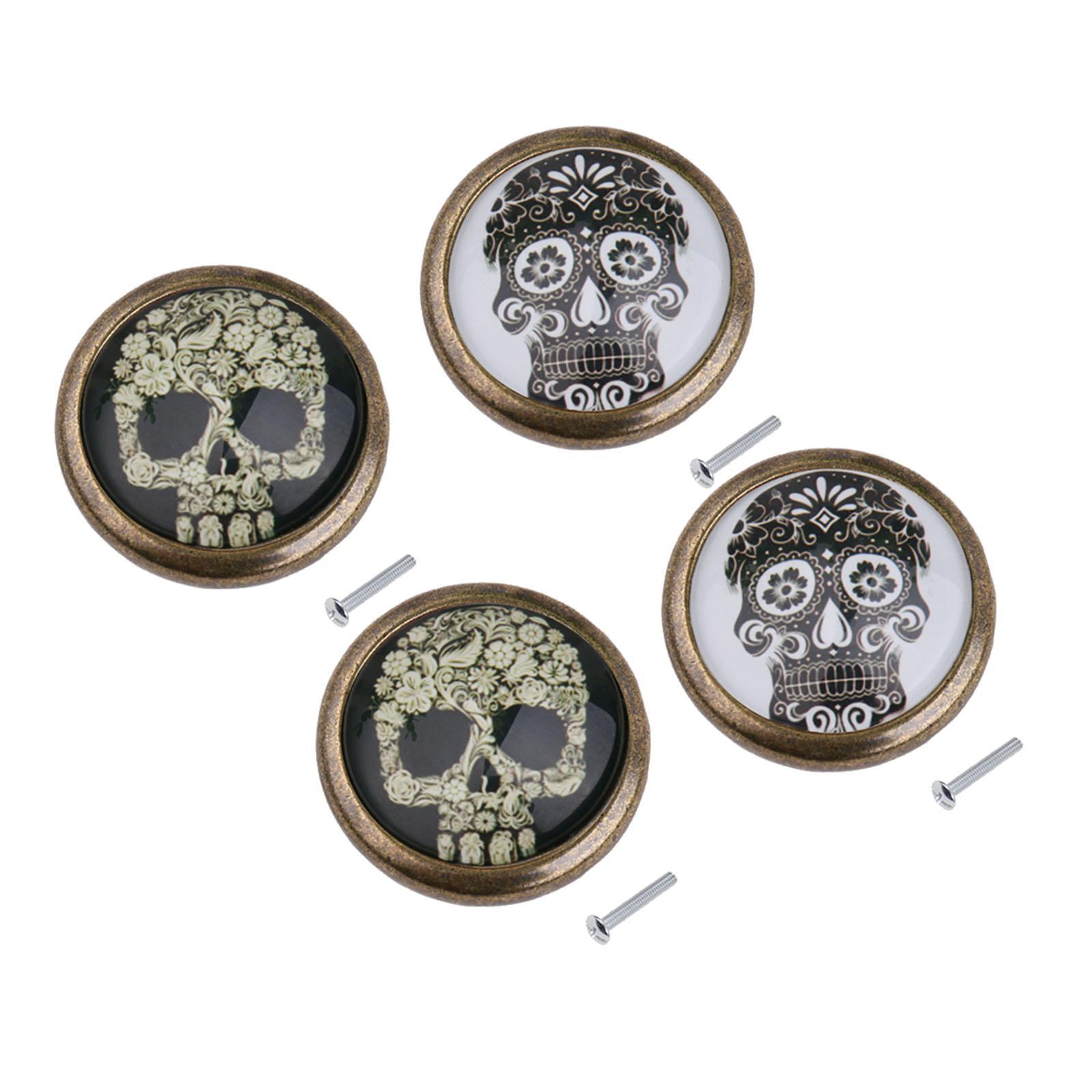 4x Skull Pattern Pull Knobs Furniture Kitchen Cabinet Drawer Pull Handle