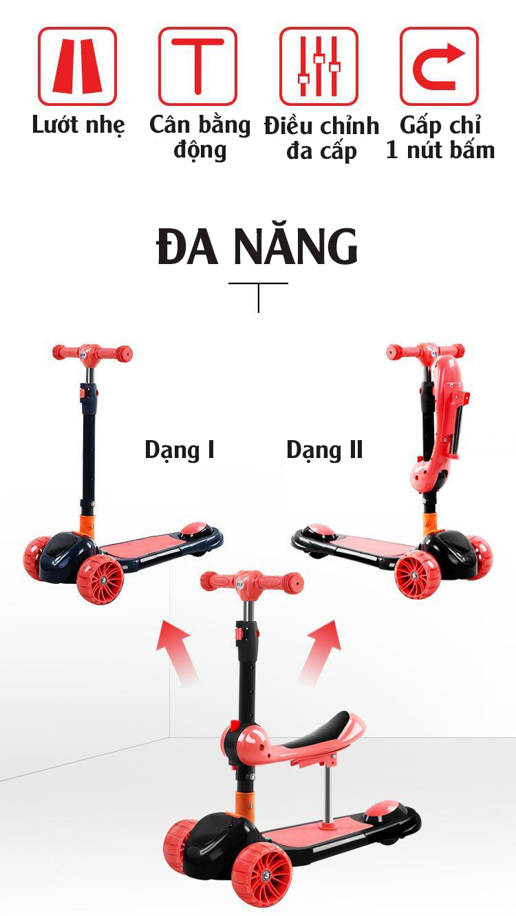 Xe scooter 3 bánh tự cân bằng, xe scooter 3 in 1 cho bé, có ghế gấp gọn, có nhạc và đèn LED bánh xe (yoyođỏ)