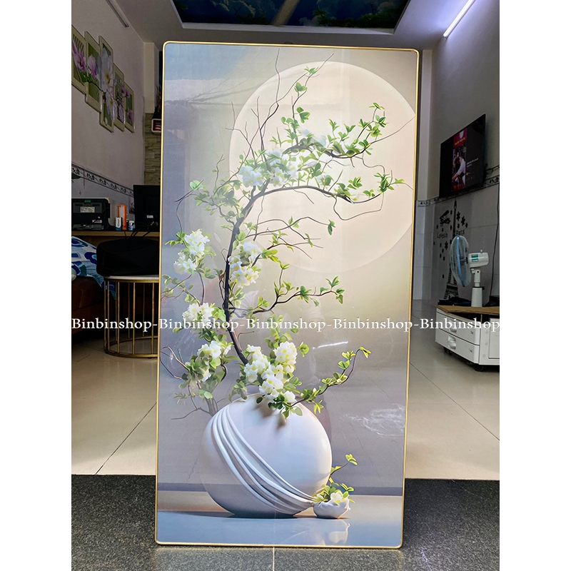 (CÓ ẢNH THẬT) Tranh treo tường tráng gương bình hoa dưới ánh trăng có khung