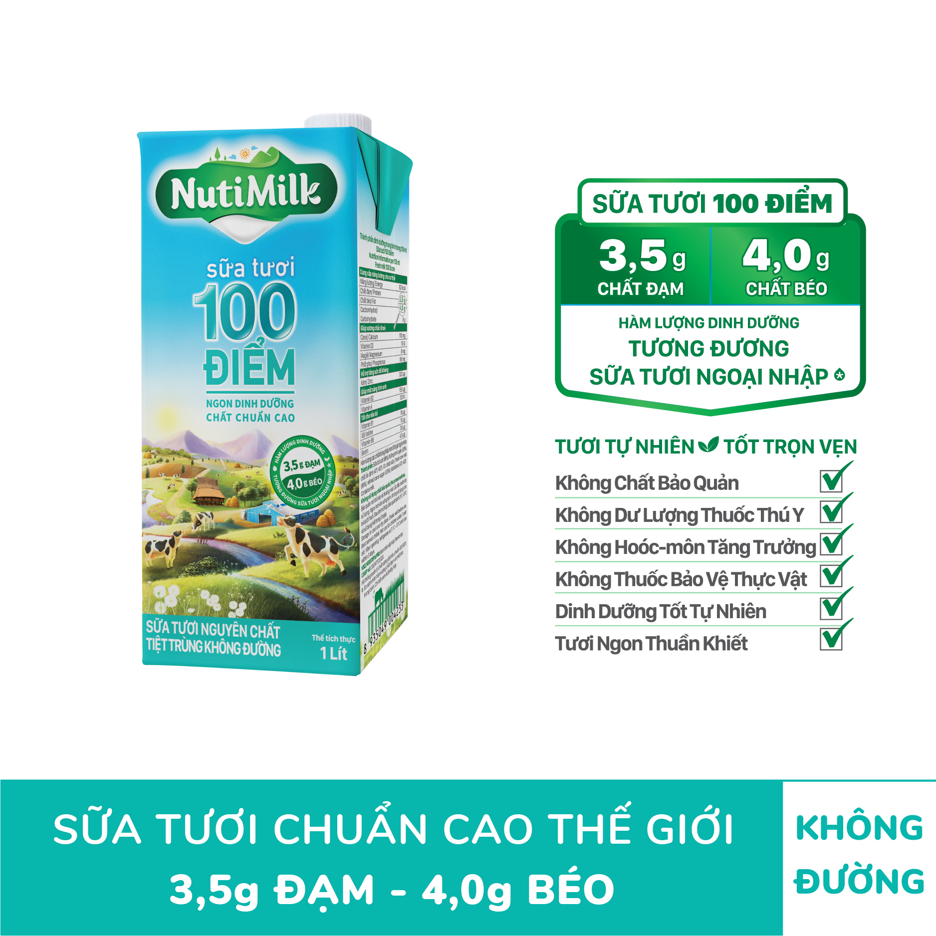 NutiMilk Sữa tươi 100 điểm - Sữa tươi tiệt trùng nguyên chất không đường Hộp 1 Lít STKD1LTI NUTIFOOD