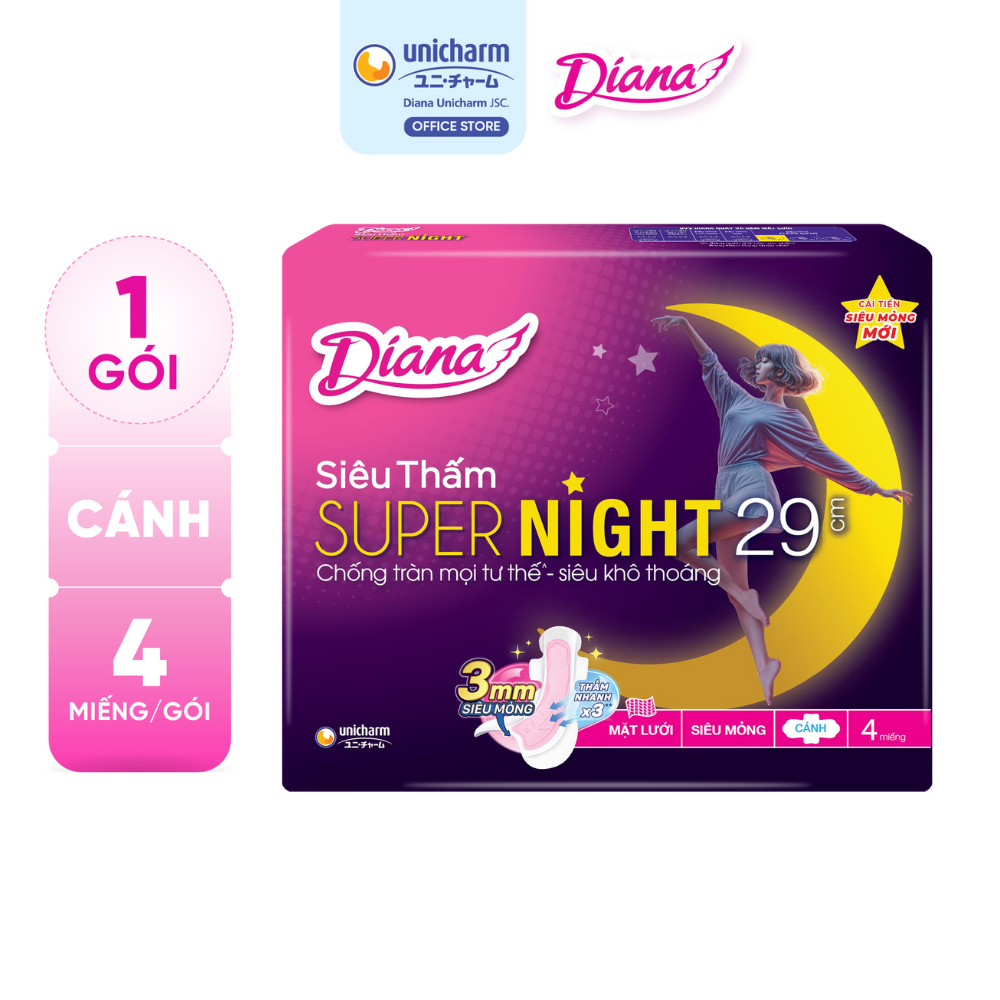 Combo 6 Băng Vệ Sinh Diana Super Night Có Cánh 29Cm Gói 4 Miếng