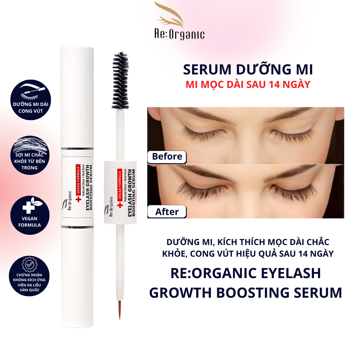 Tinh chất dưỡng mi thuần chay Re:Organic Eyelash Growth Boosting Serum 5ml x 2, chuốt dưỡng mi mày và chân tóc chắc khỏe