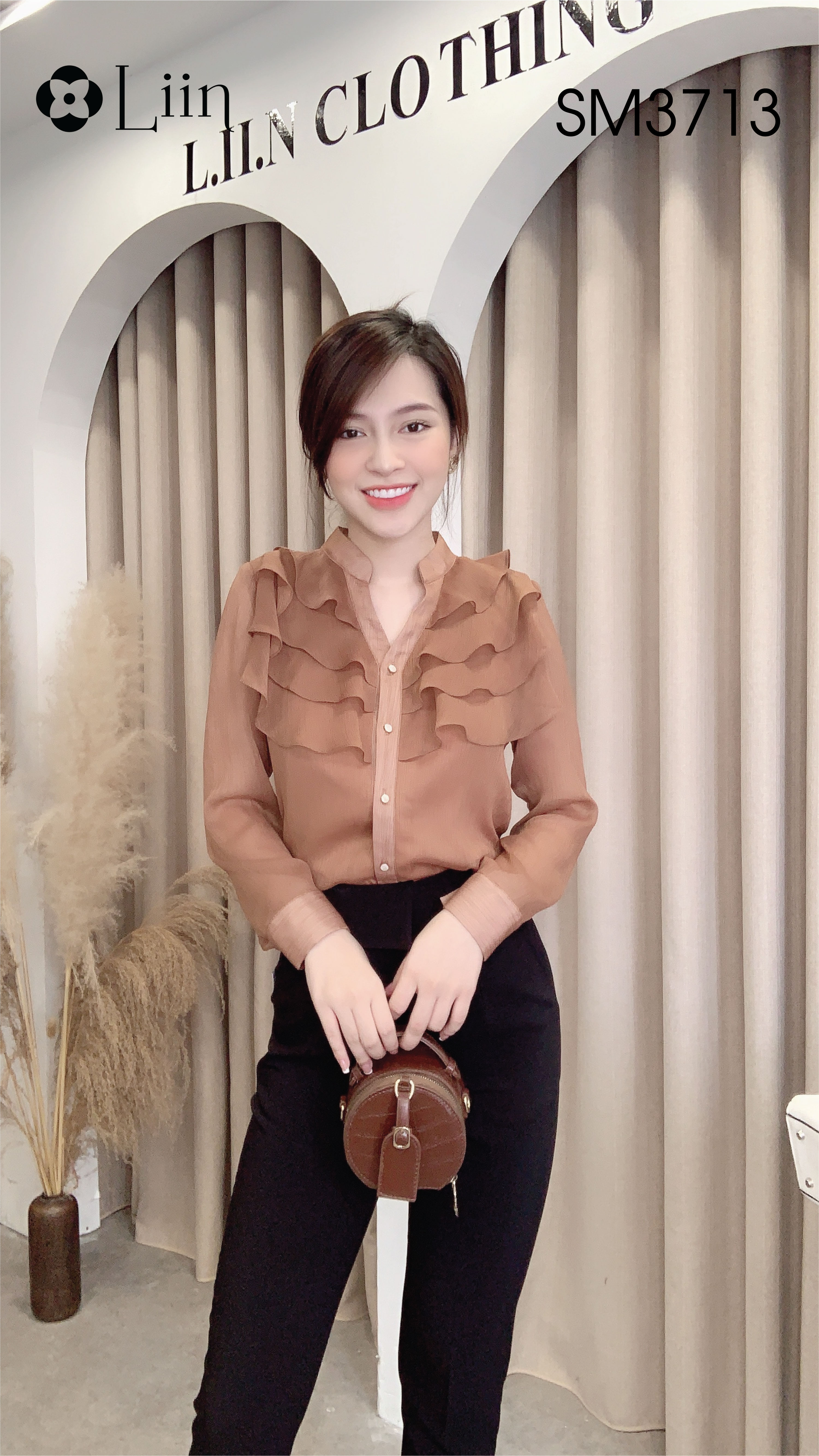 Áo sơ mi dài tay màu nâu mix cổ tàu cách điệu bèo tầng xinh xắn LINBI SM3713