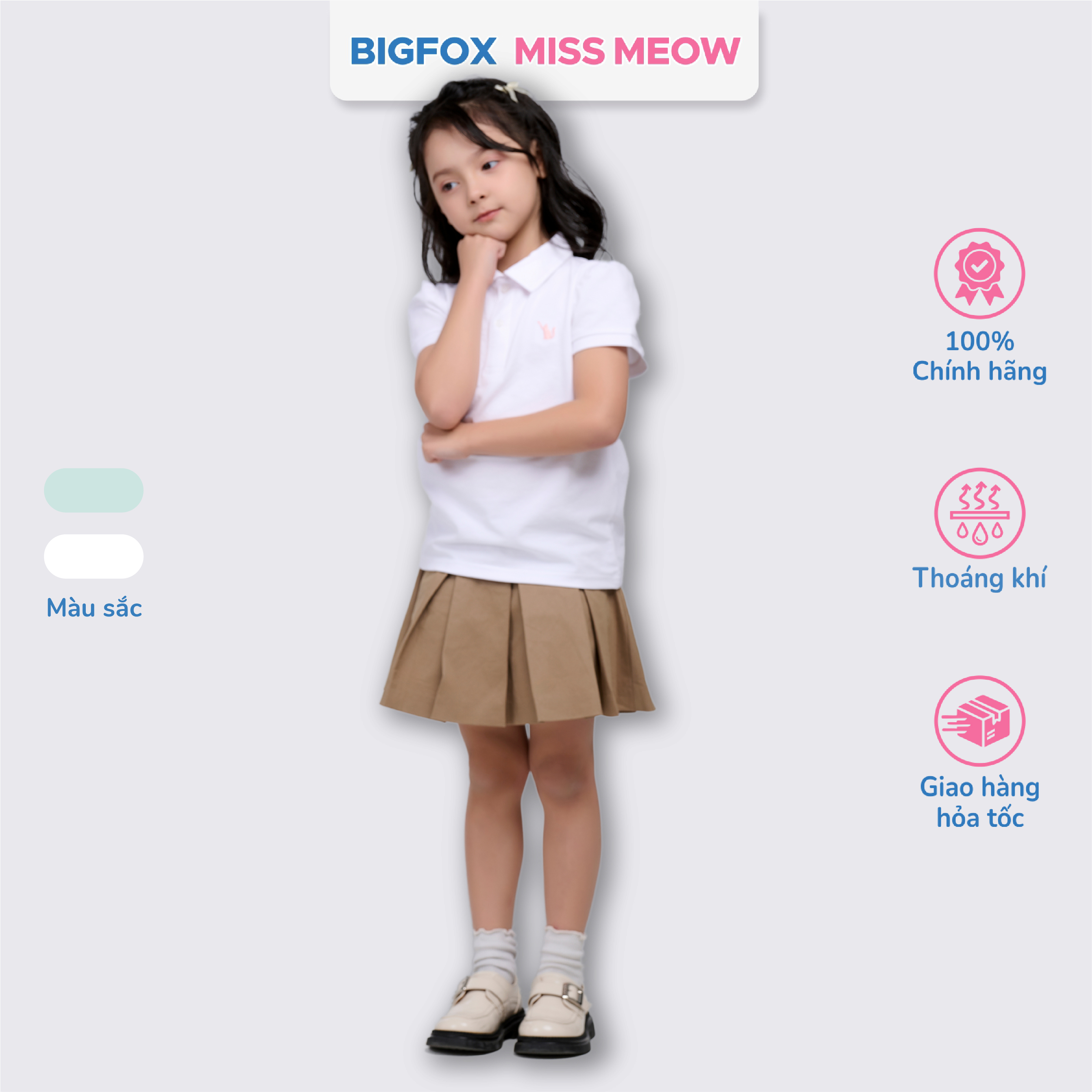 Áo polo bé gái Bigfox Miss Meow mùa hè, áo cộc tay đồng phục đi học có cổ 6,9,11 tuổi 30kg 40kg