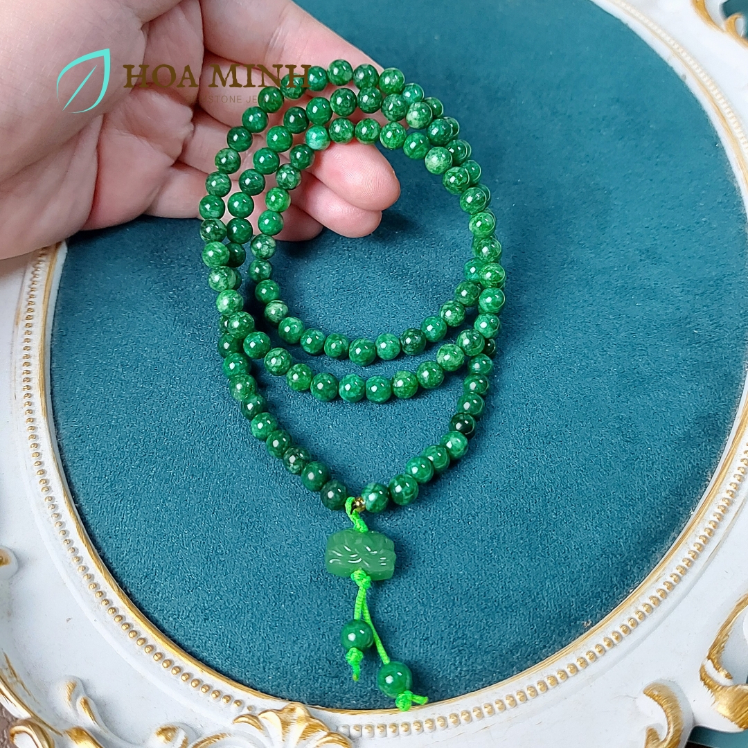 Vòng tay chuỗi 108 hạt Cẩm Thạch Sơn Thủy size 6 li phối charm hoa sen mã não, phong thủy bình an may mắn không kén mệnh