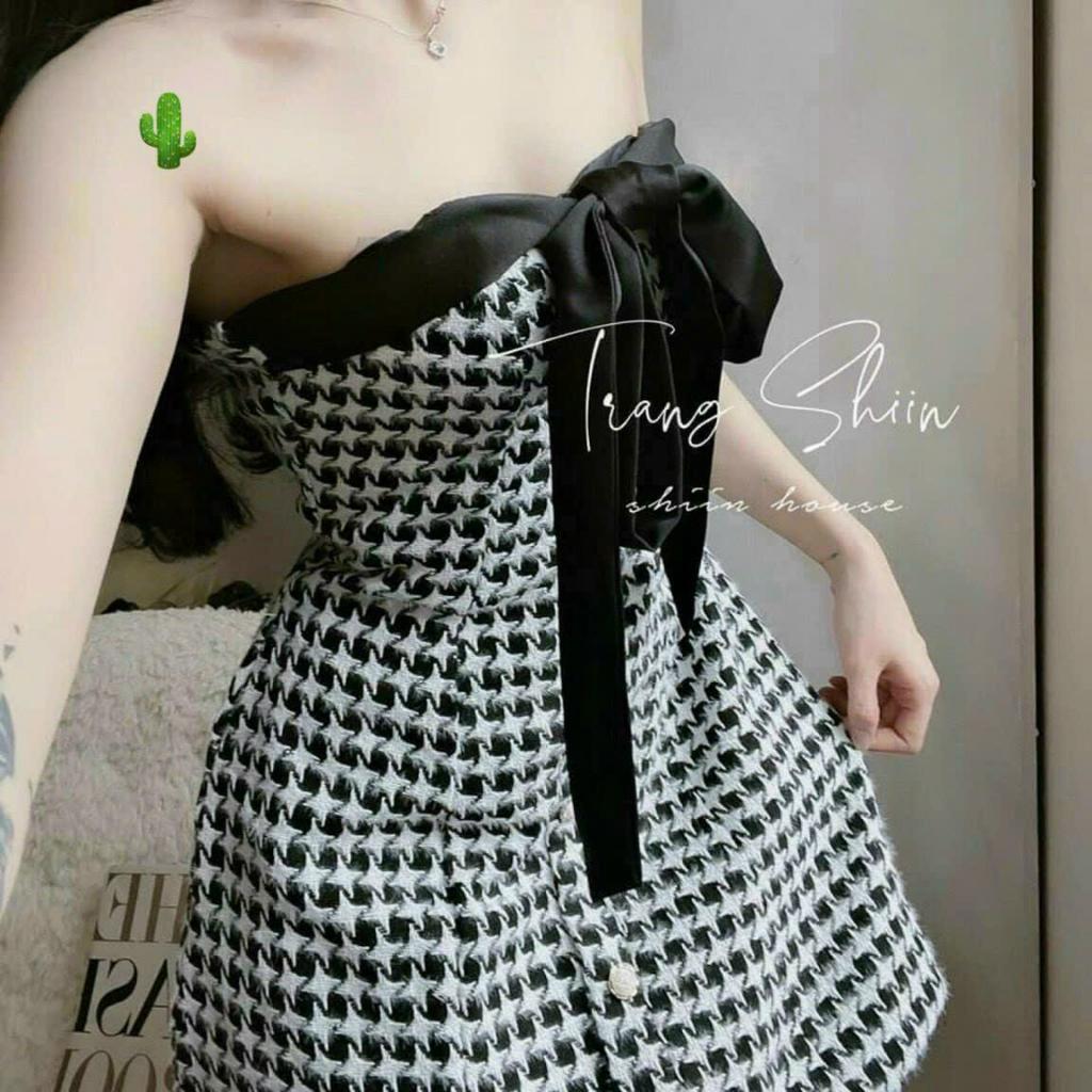 Đầm bố caro xoè cúp ngực cài nút phối dây cột nơ