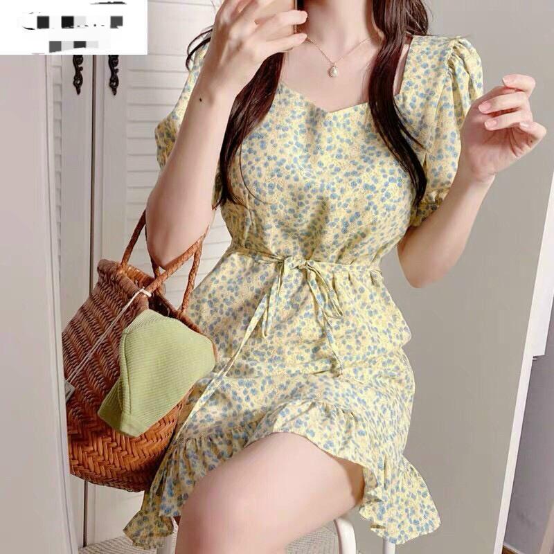Đầm xoè lụa hoa tay phồng bèo lai kèm dây cột nơ eo