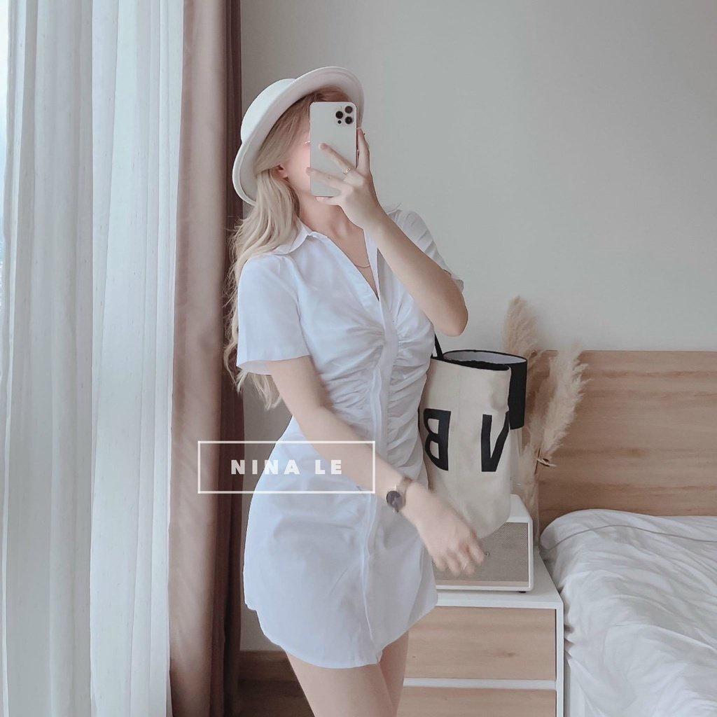 Đầm Sơ Mi Nhúm Ngực Cộc Tay Dáng Ngắn 2 Màu Sexy