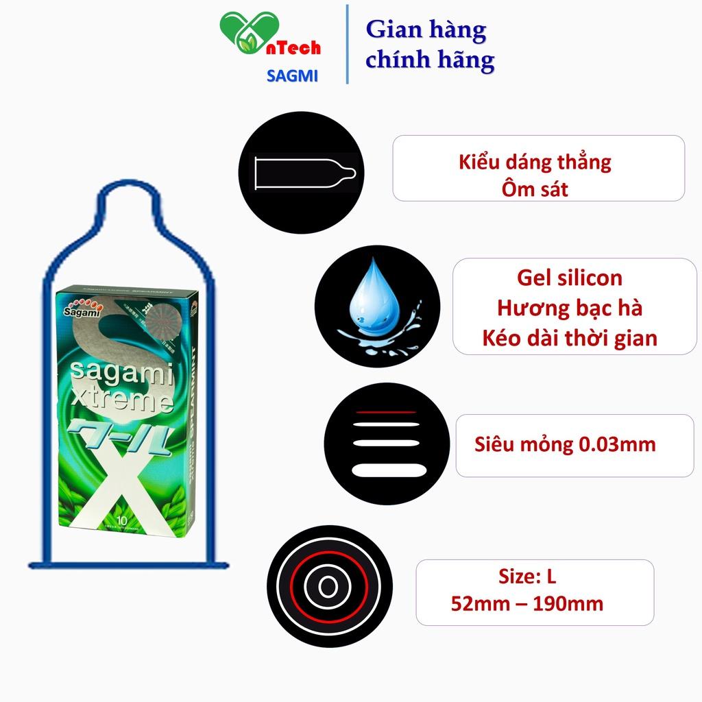 Bao cao su siêu mỏng kéo dài thời gian hương bạc hà Sagami xtreme Spearmint hộp 10 bao cao su