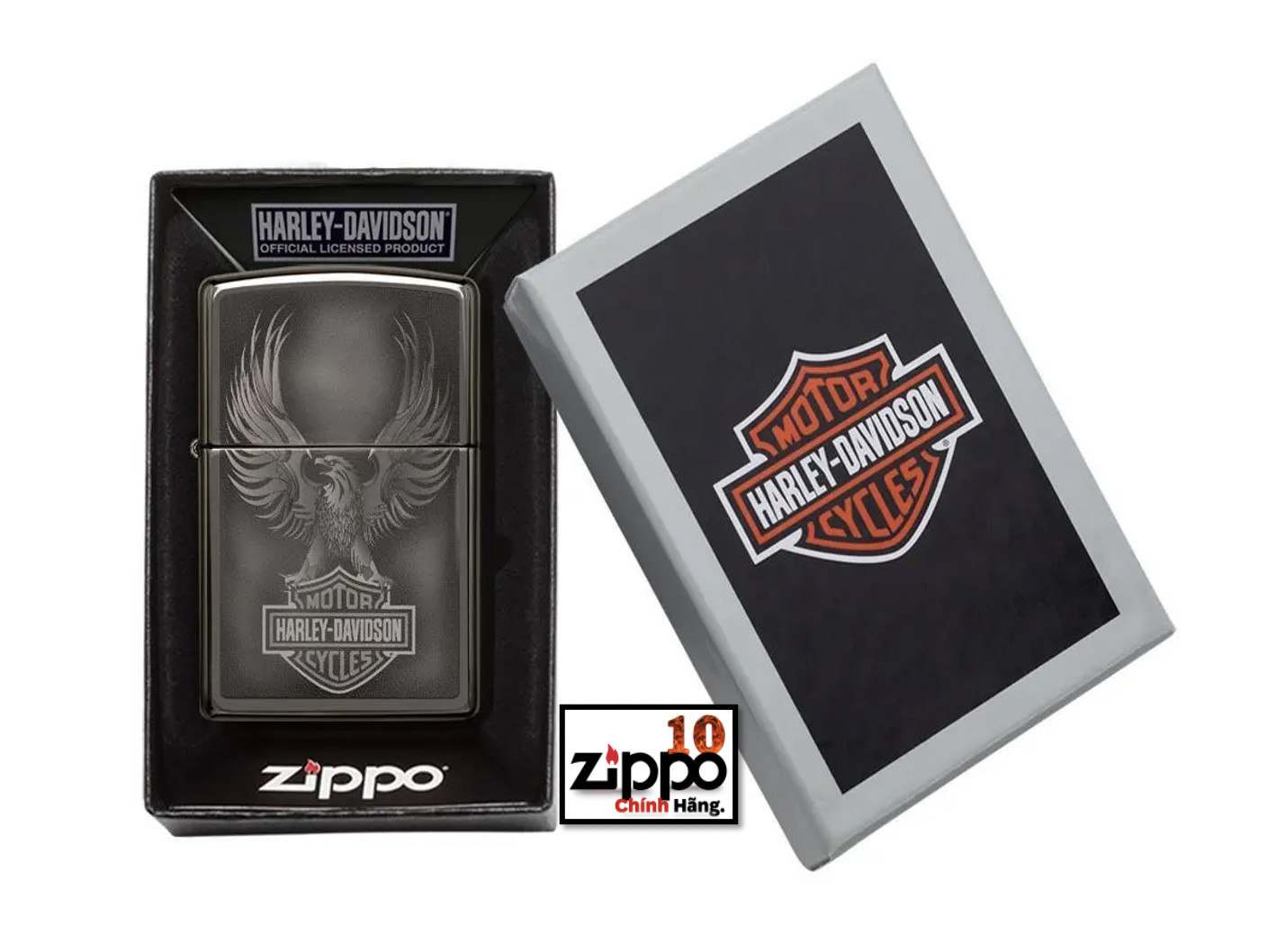 Bật lửa Zippo 49044 Harley-Davidson Bar &amp; Shield Logo Black Ice - Chính hãng 100%