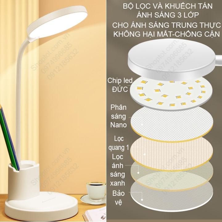 Đèn led học chống cận, tích điện, có hộp để bút và giá để điện thoại, ánh sáng 3 màu, điều chỉnh độ sáng vô cấp