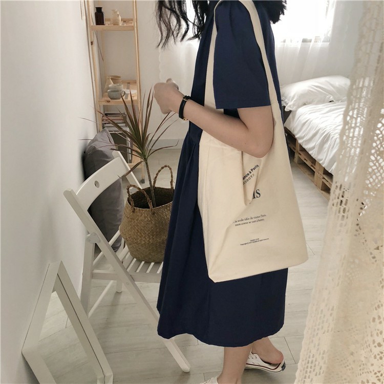 Túi tote vải bố đựng đồ canvas, túi vuông một quai PARI phù hợp đi học đi làm HZ38