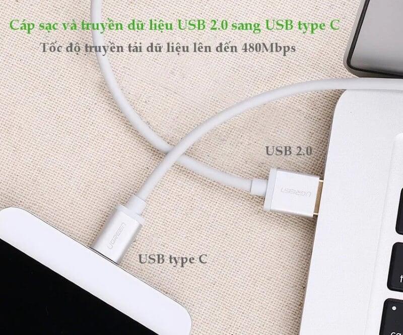 Ugreen UG30506US188TK 0.25M màu Hồng Trắng Bộ chuyển đổi USB 2.0 sang USB-C - HÀNG CHÍNH HÃNG