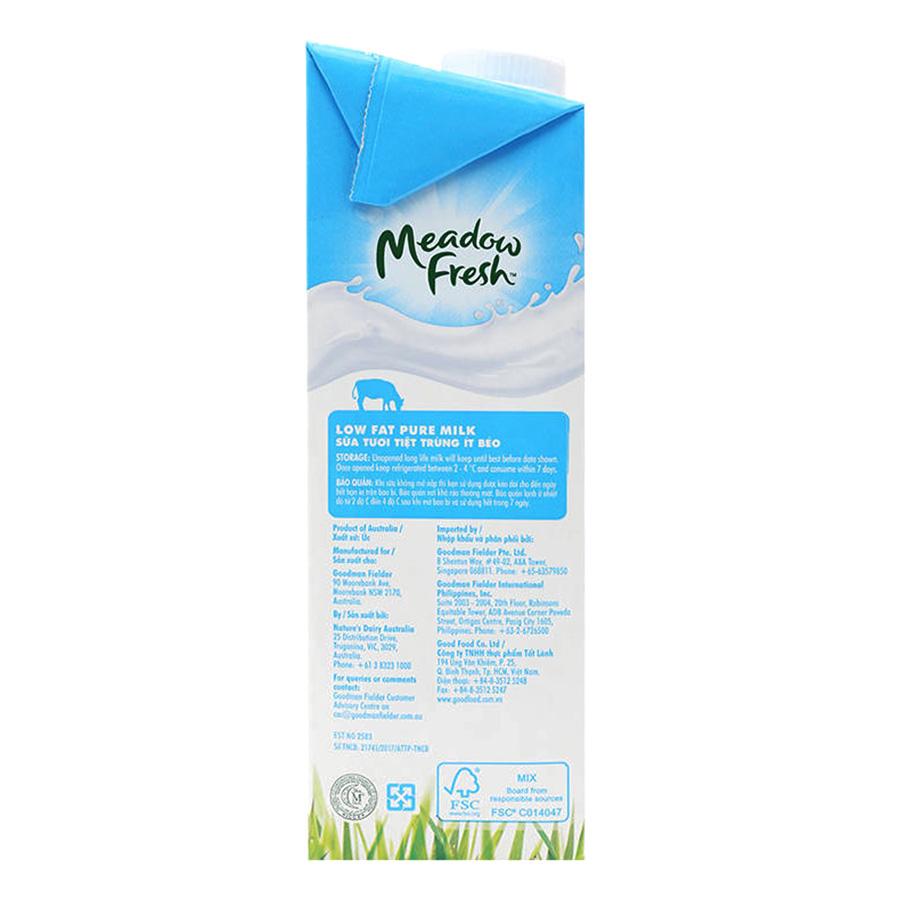 Thùng 12 hộp Sữa tươi tiệt trùng ít béo Meadow Fresh 1L