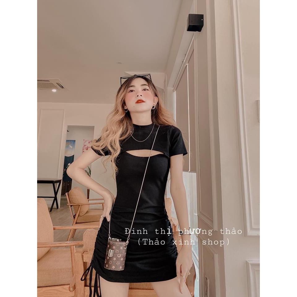 Váy ôm body khoét ngực dây rút hông chất cotton