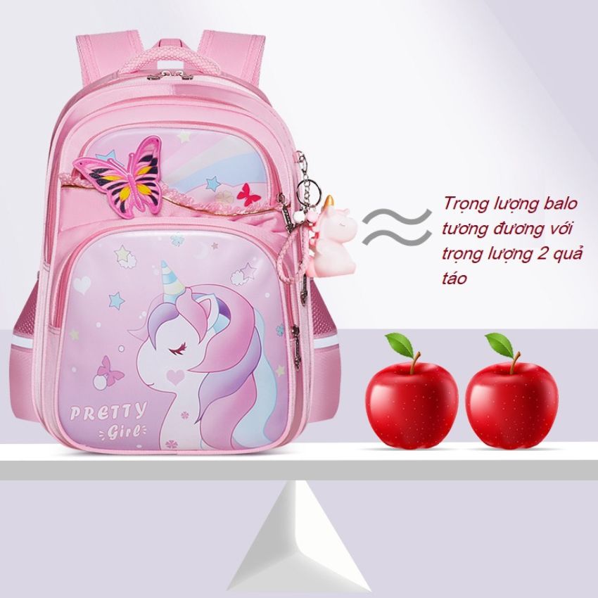 Cặp balo học sinh nữ đi học cấp 1 chống gù chống thấm nước cao cấp size 37cm -Tặng kèm móc khóa Kỳ Lân và hộp bút BLHS14
