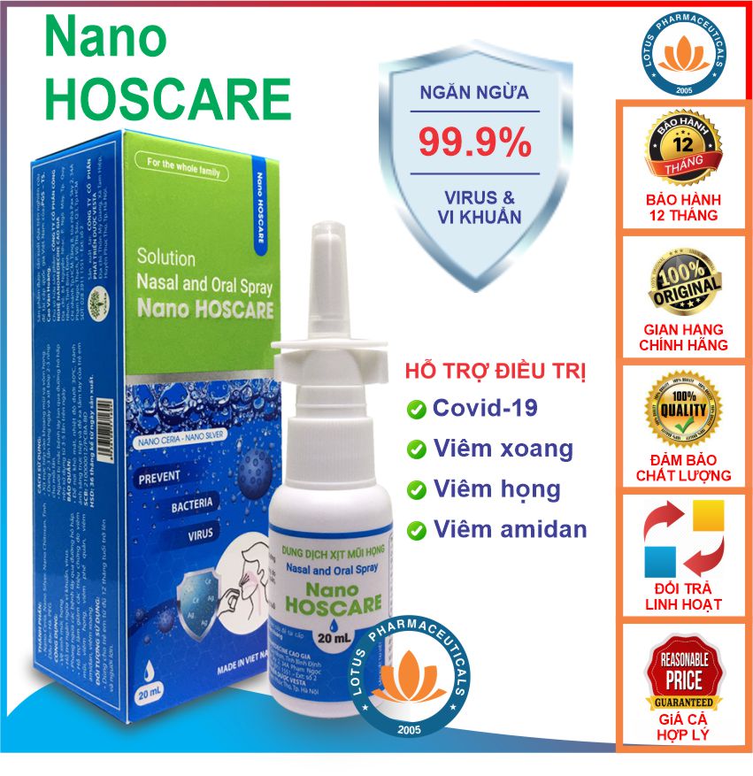 Nano HOSCARE 20ml - Bình xịt mũi họng kháng khuẩn, hỗ trợ giảm viêm xoang, viêm mũi, viêm họng, viêm amidam