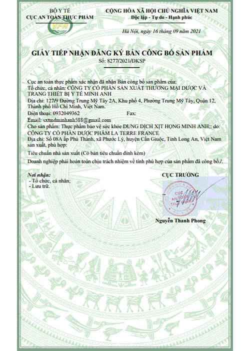 TPBVSK Dung Dịch Xịt Họng Minh Anh: Hỗ trợ giảm ho, đờm, đau rát họng do viêm họng, viêm phế quản.