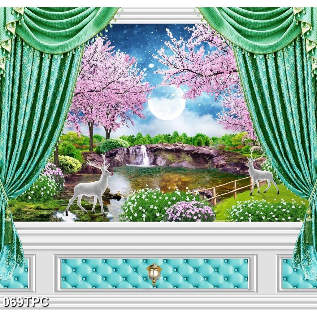 TRANH DÁN TƯỜNG 3D PHÀO CHÌ RÈM CỬA NHIỀU MẪU