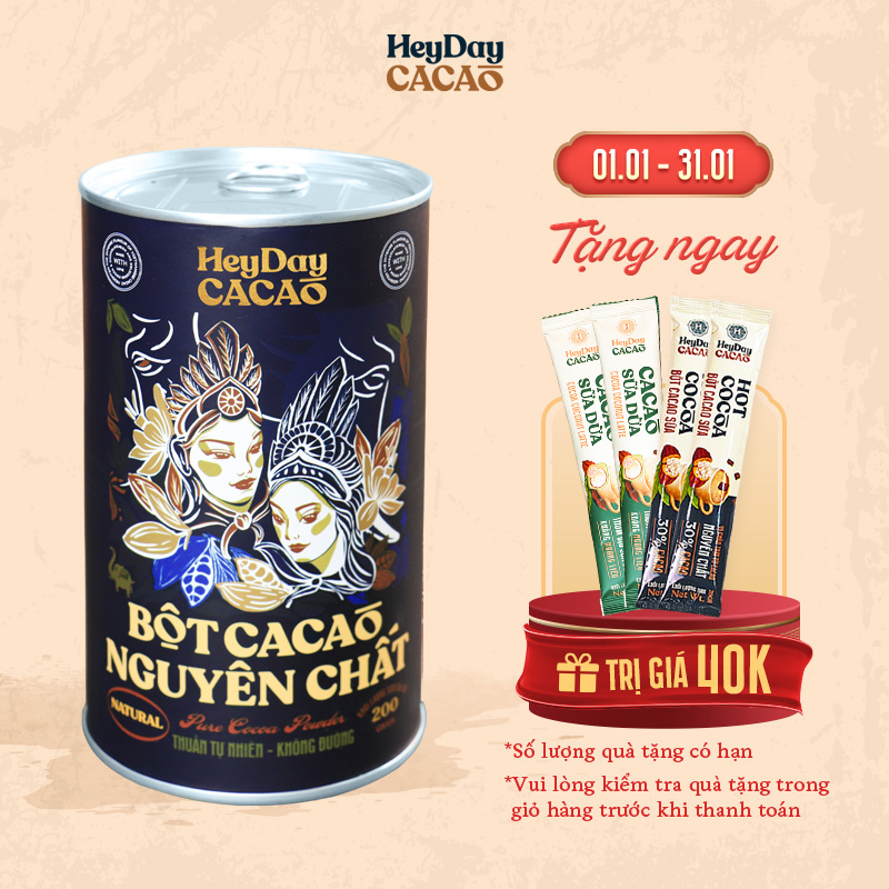 Bột Cacao Nguyên Chất 100% - Dòng Natural Không Kiềm Hóa - Lon 200g - Bộ sản phẩm cacao "Thật" Heydaycacao