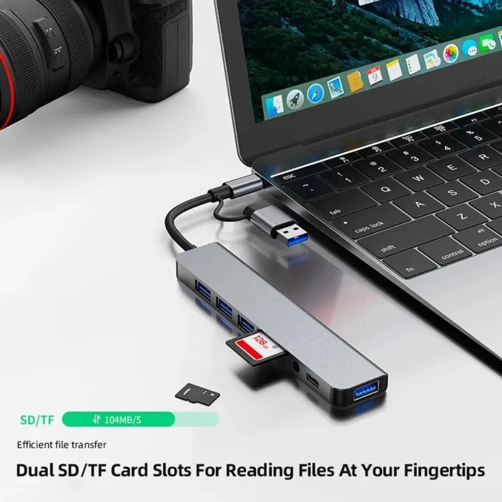 Bộ Chuyển Đổi Hub USB C Hub 8 Trong 1 Type C 3.1 Sang USB 3.0/ Type C/ Đọc Thẻ SD / TF Cho MacBook Notebook Laptop Máy Tính-Hàng Chính Hãng