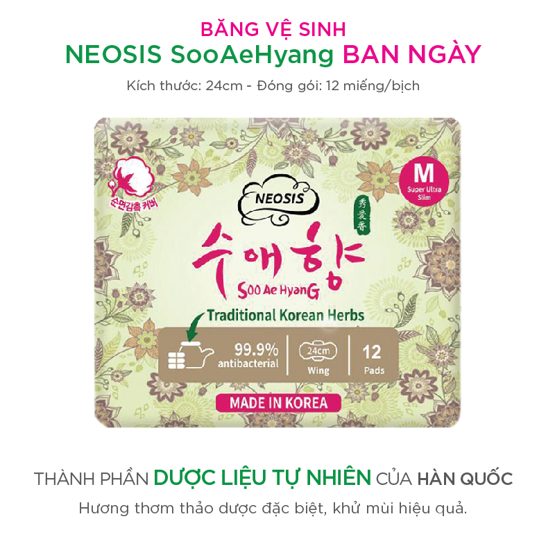 COMBO 4 GÓI BĂNG VỆ SINH HỮU CƠ THẢO DƯỢC NEOSIS SOOAEHYANG BAN NGÀY của Hàn Quốc_Size M (KT: 24cm)_1 gói/12 miếng