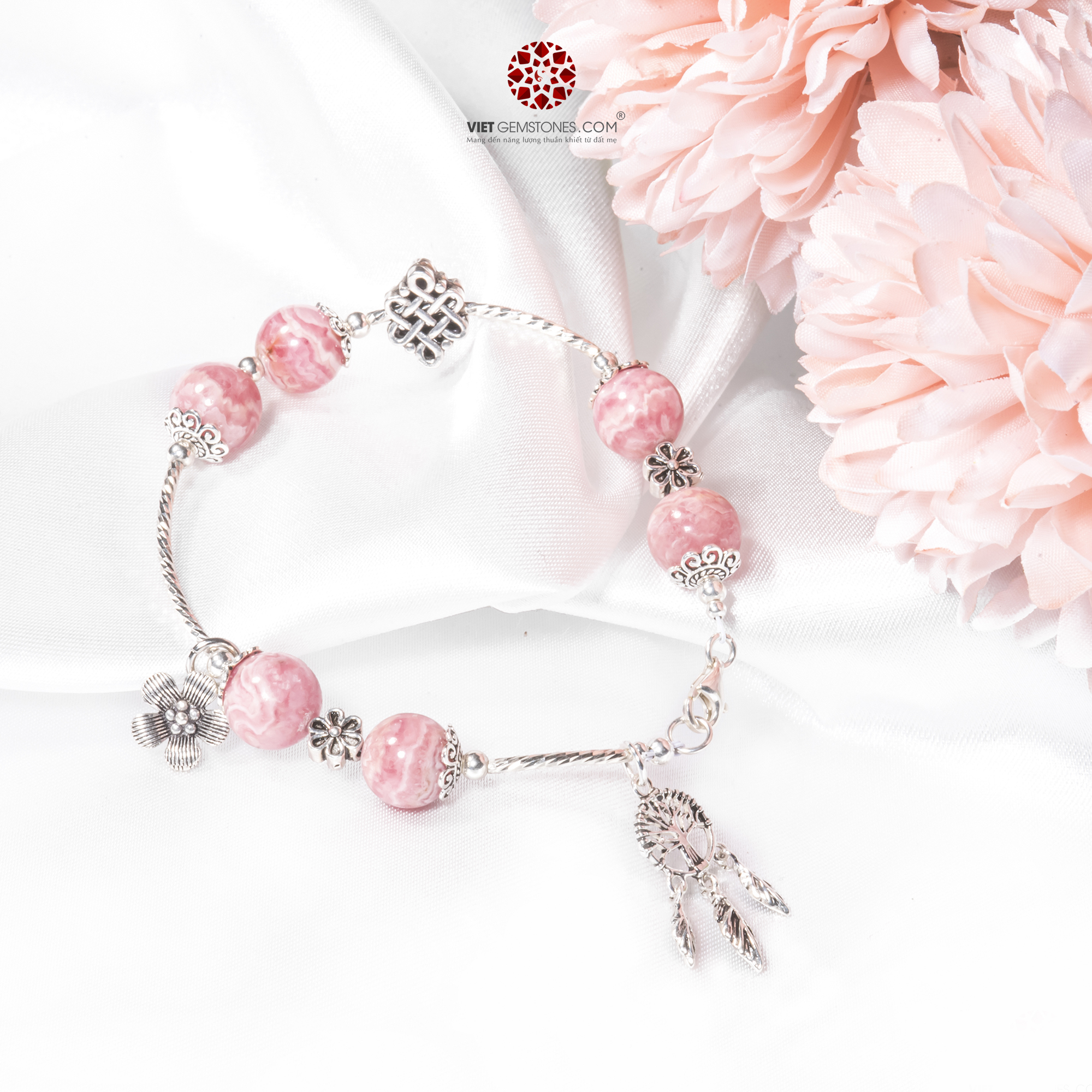 Lắc Tay Đá Đào Hoa  phối charm Dream Catcher - Hợp mệnh Hỏa, Thổ, giúp trợ duyên, chiêu tài | VietGemstones