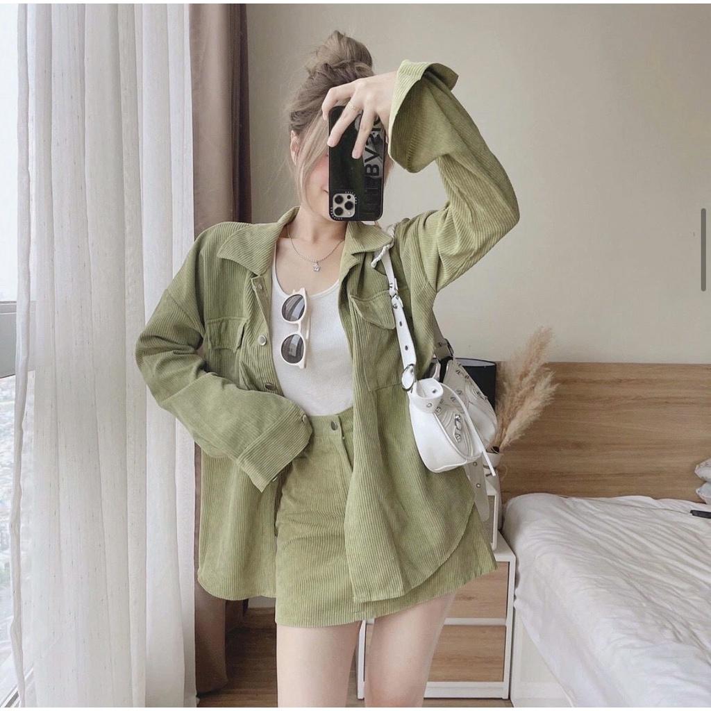 Bộ Áo Sơ Mi Dài Tay Kèm Chân Váy Chữ A Cạp Cao Vải Nhung